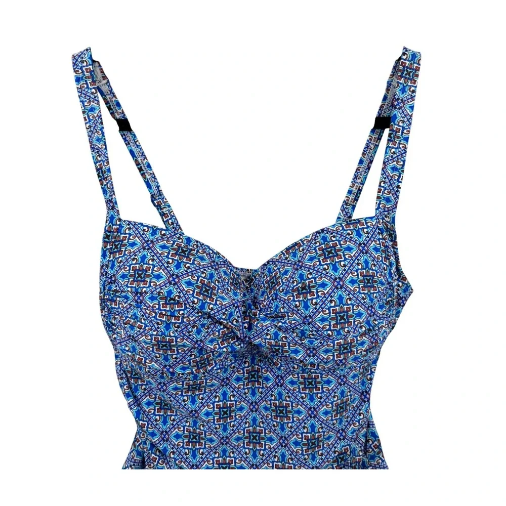 Niptuck Swim One Piece Swimsuit Women 10 Blue Geometric Ruched Tummy Control Cup